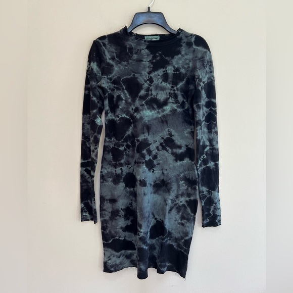 Heyne Bogut 100% Wool Hand-Dyed Distressed Black & Blue Spiral Sweater Dress, XS - Picture 1 of 8